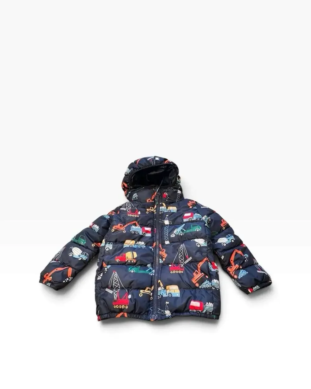 The Children's Place Boys Hooded Puffer Jacket 5T Navy Blue Vehicle Print